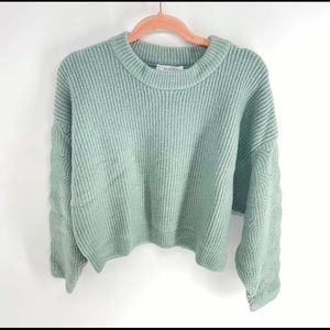 Elodie dusty teal fan ribbed knit crewneck cropped chunky sweater womens L NWT
